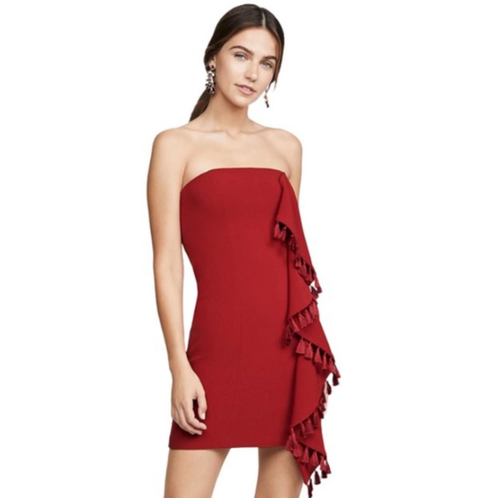 Sexy New Cinq à Sept Cherry Red Nat Strapless Tassel Ruffle Cocktail Dre…